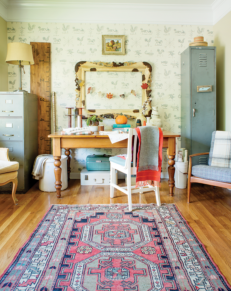 diy wall ruler mid century farmhouse craft room with persian rug and desk