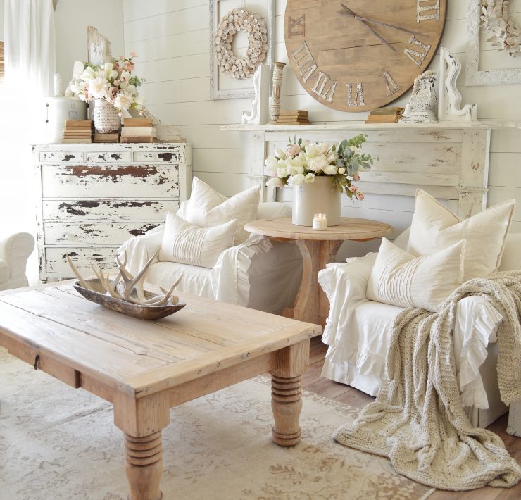 Living room of Natalie from My Vintage Porch, with white farmhouse style