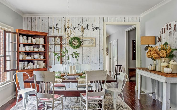 fall farmhouse dining room with rae dunn collection wallpaper