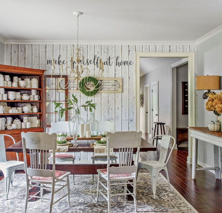 fall farmhouse dining room with rae dunn collection wallpaper