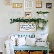 fall farmhouse gallery wall with blue bench