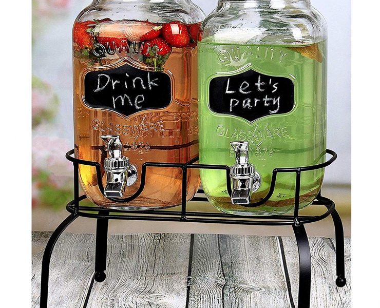 Drink dispensers for your country bridal shower in the shape of Mason jars (complete with mini customizable chalkboards on the front exterior)