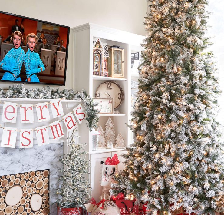 Christmas tree in front of Christmas bookcase