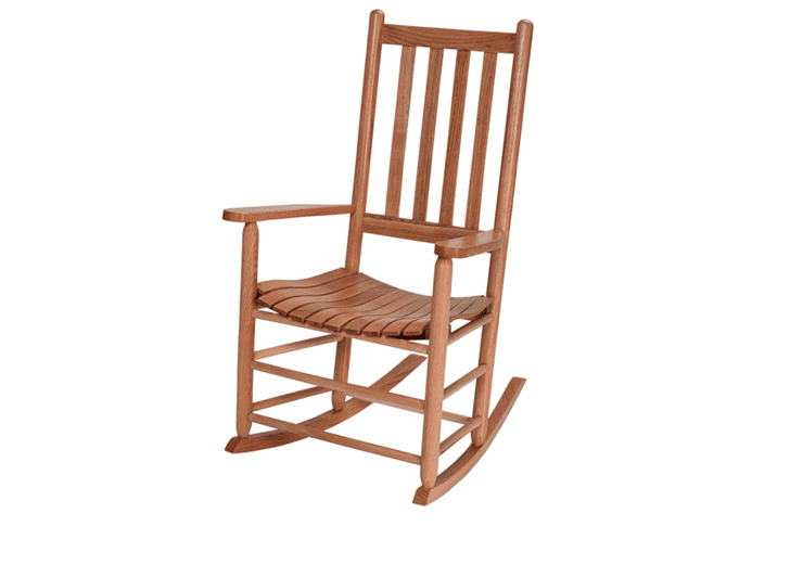 Light wood rocking chair with a slatted base and back with armrests.