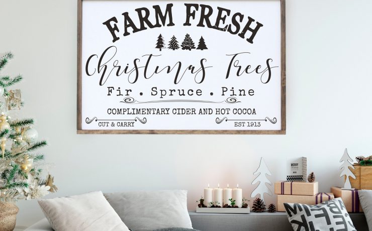A farm-fresh Christmas decor piece of vintage-inspired sign art for "farm fresh" Christmas trees, cider and hot cocoa.