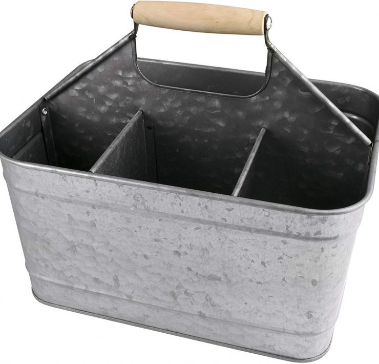 Galvanized metal caddy with wooden handle and six compartments, perfect for a furniture clean and repair kit.