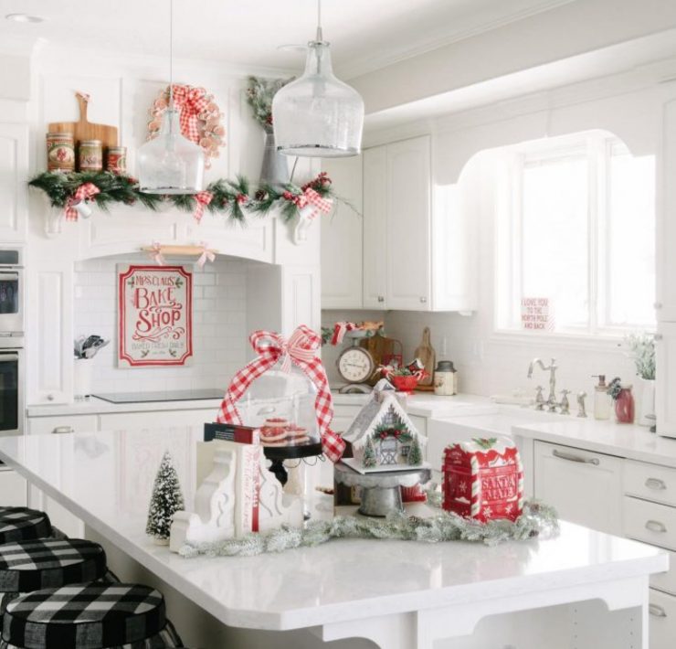 Farmhouse kitchen with Christmas collectibles on the counter top