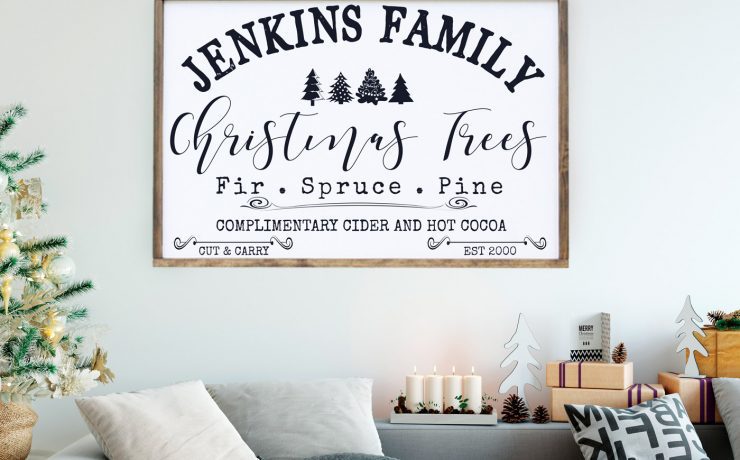One of Shena's Christmas signs, Personalized Christmas tree sign with mixed vintage-inspired fonts.