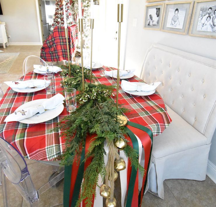 Farmhouse Christmas tablescape in red and green