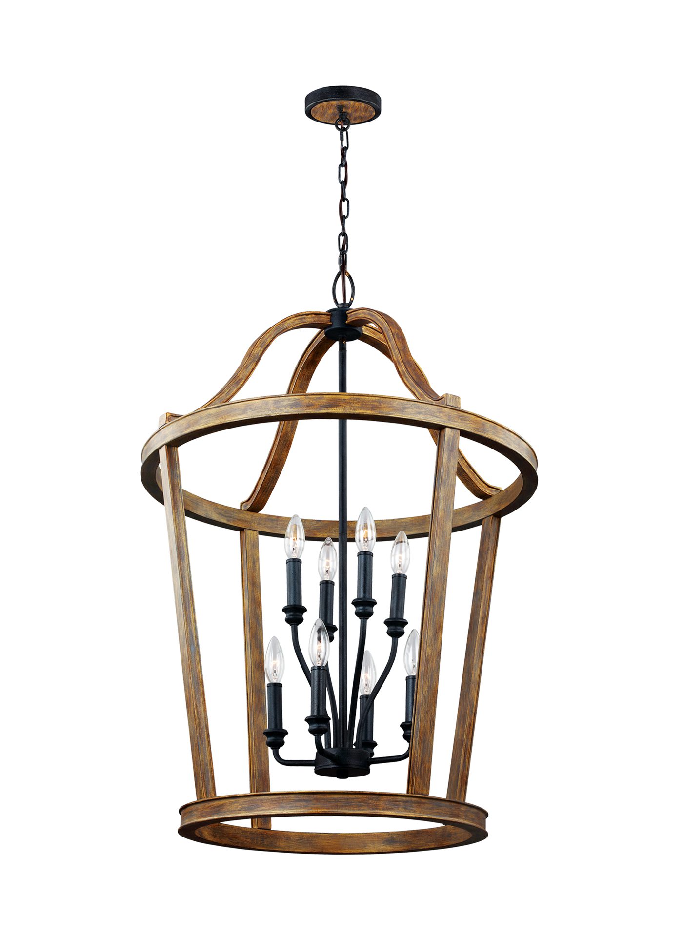 A large chandelier with a wood dome surrounding several light bulbs connected in black metal