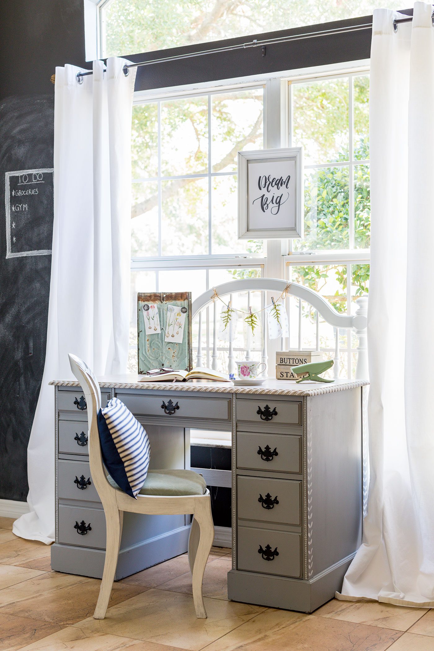 Desk area with botanical prints and blackboard wall, a space to make a remodel budget