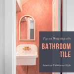 Powder room with pink bathroom tile and text