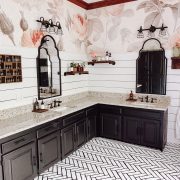 Black cabinets and industrial lighting with shiplap in farmhouse bathroom