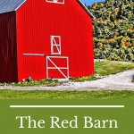 red barn with green hills in the background and text