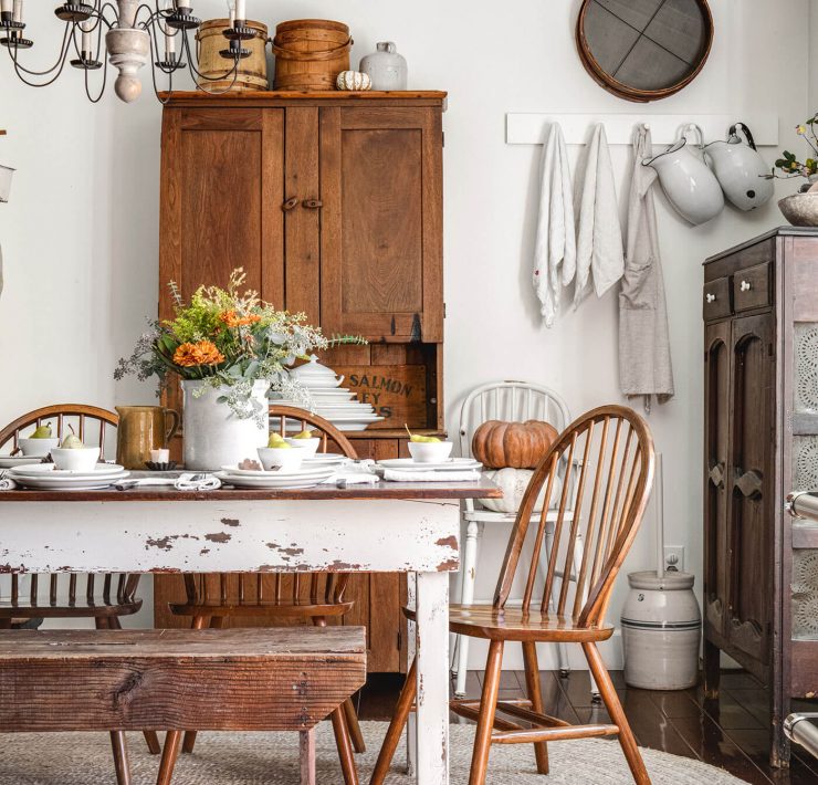Half of table with chippy paint and fall tablescape