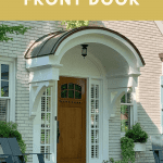 Front door New England home with curved portico and text