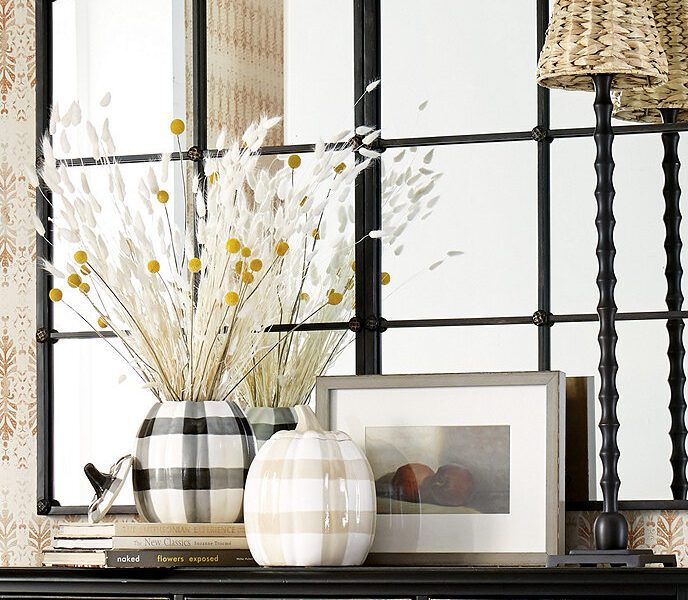 Dresser top with buffalo checked pumpkins