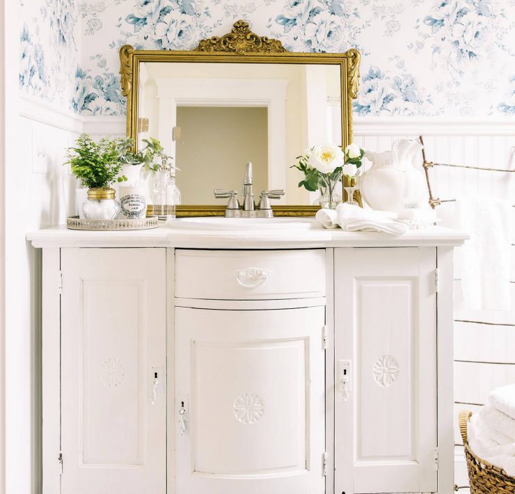 Bathroom with white vanity for install wallpaper for blue and white pattern