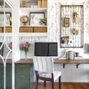 home office desk with open shelves and farmhouse decor