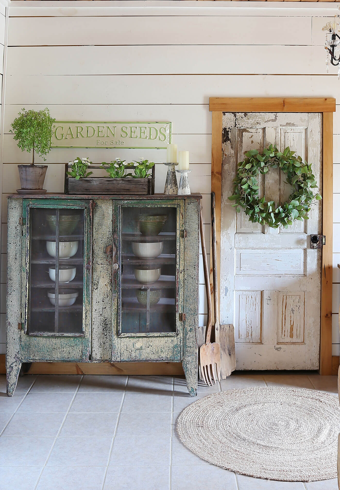 Antique pie safe with old bowls inside