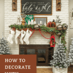 Fireplace and mantel with Christmas decor and garland with text