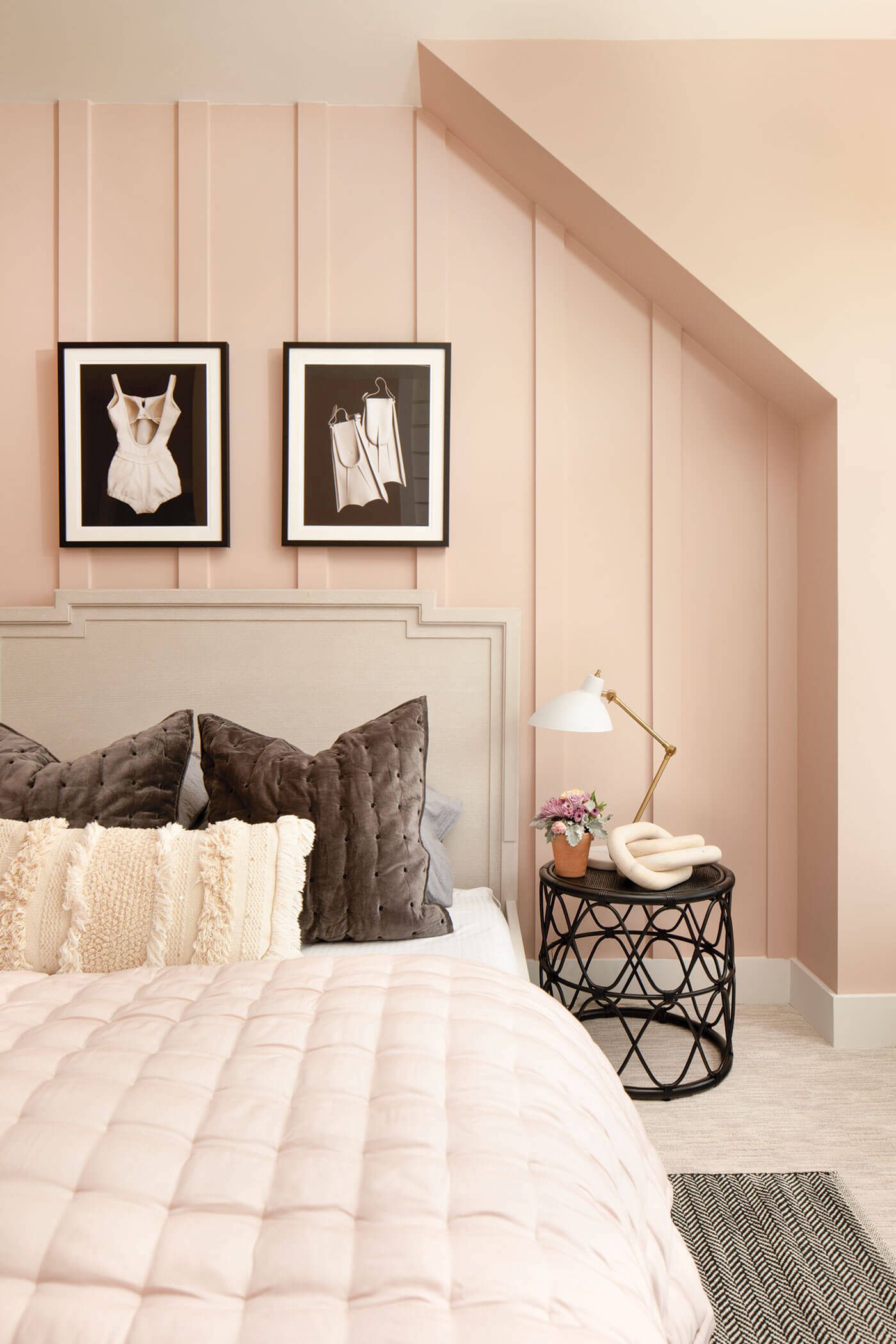 Pink bedroom with brown accents for easy farmhouse style