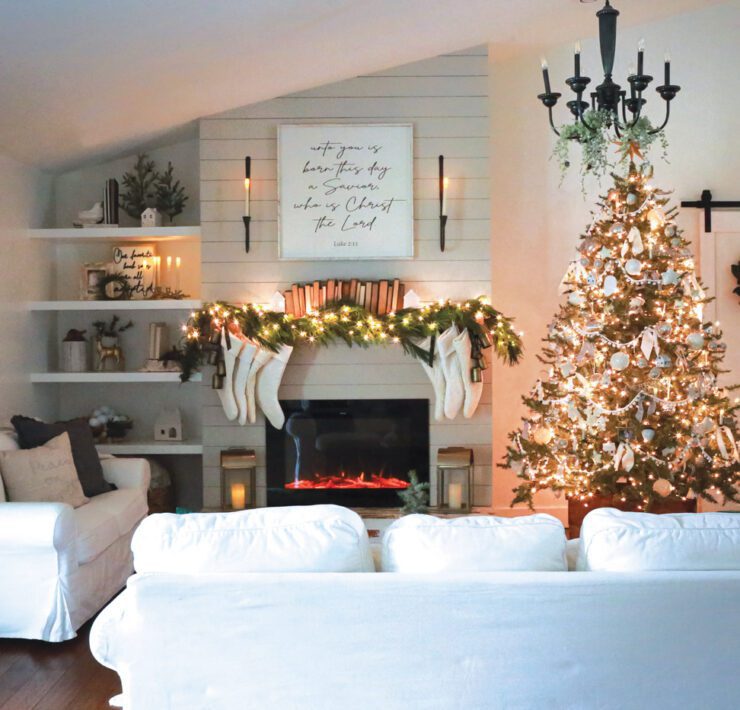 family room with fresh Christmas greenery