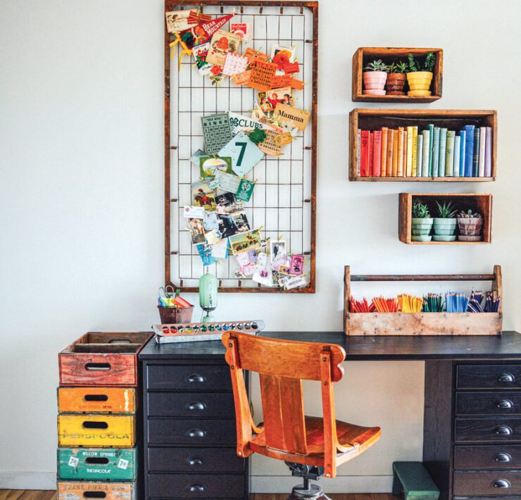 colorful home office with vintage repurposed items for organization