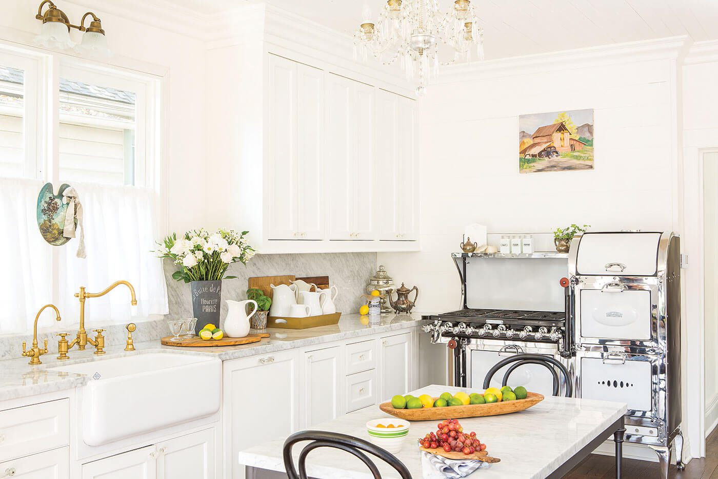 kitchen with faux marble countertops