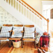 checkered throw pillows in entryway