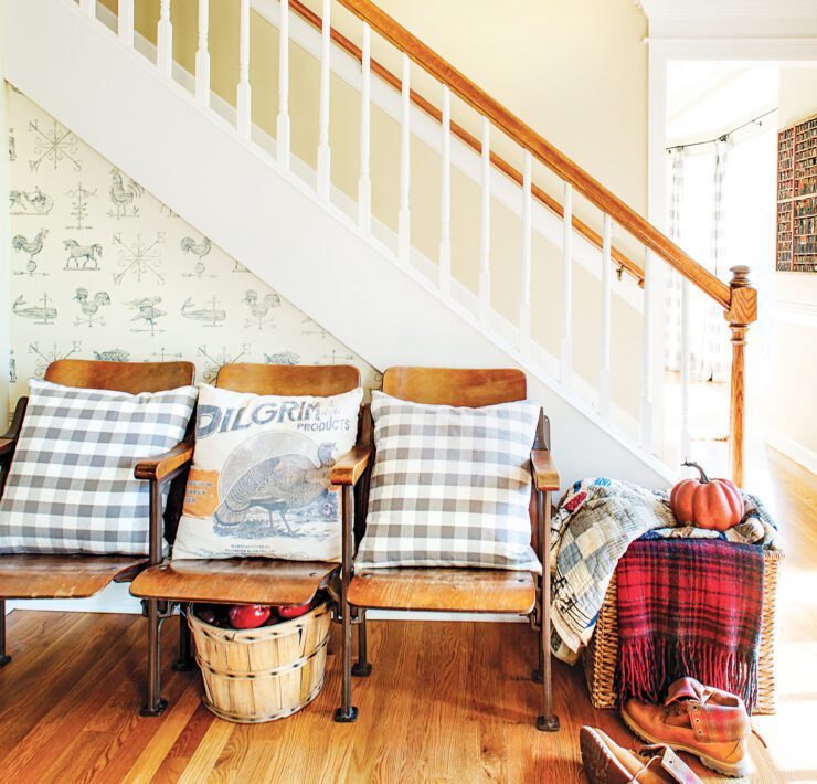 checkered throw pillows in entryway