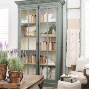 Light teal bookcase using colors as neutrals for a living room