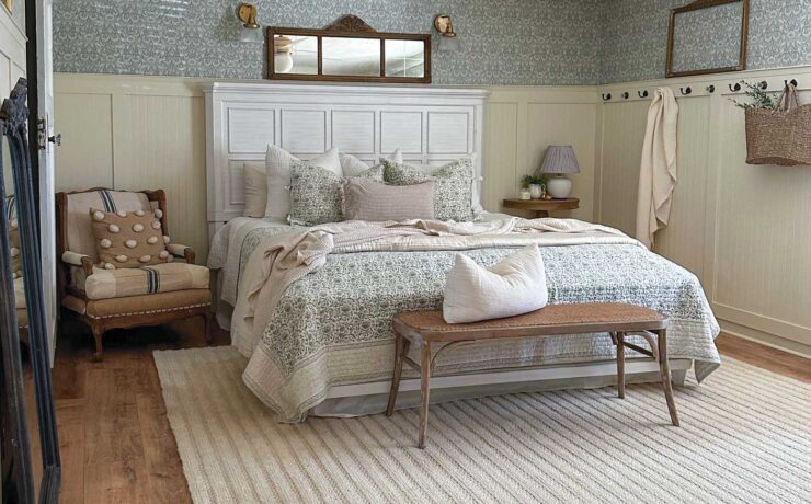 cozy cottage bedroom with wooden bedframe