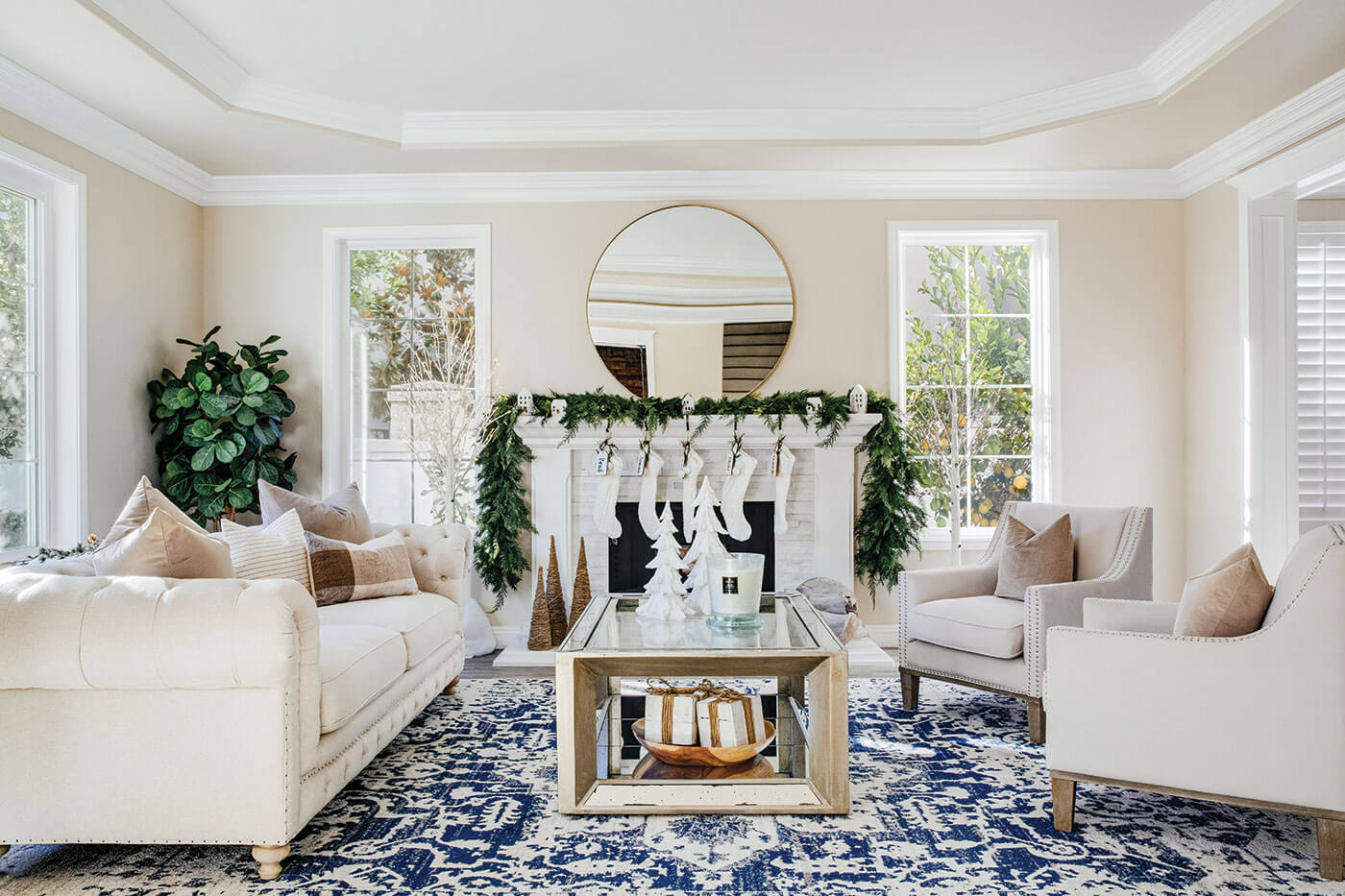 white Christmas stockings and in California country Christmas living room